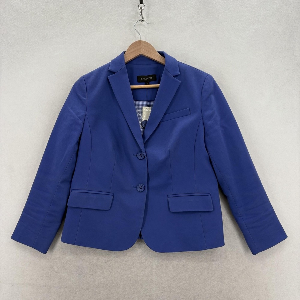 Talbots Blazer Womens 4 Blue Stretch Woven 2 Button Lined Work Career Jacket
